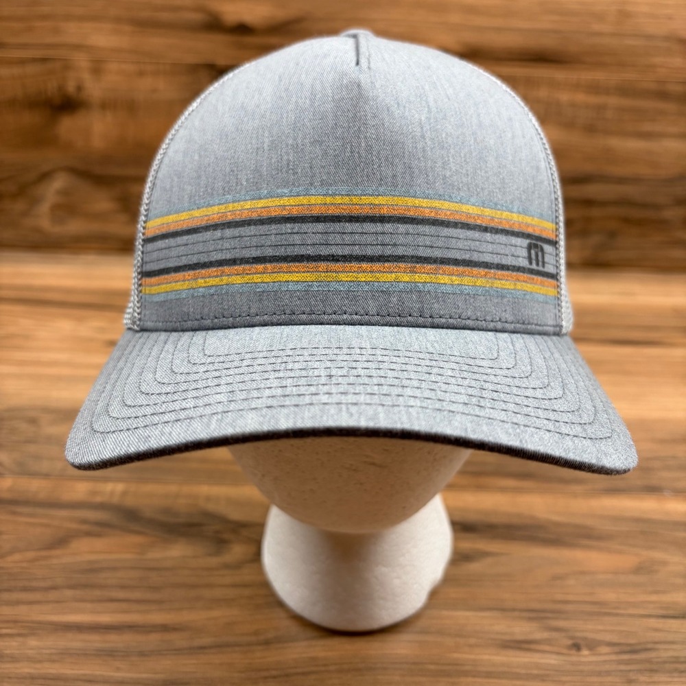 Travis Mathew Mens Snap Back Yupoong 110 Flexfit Tech Hat Grey Striped Mesh